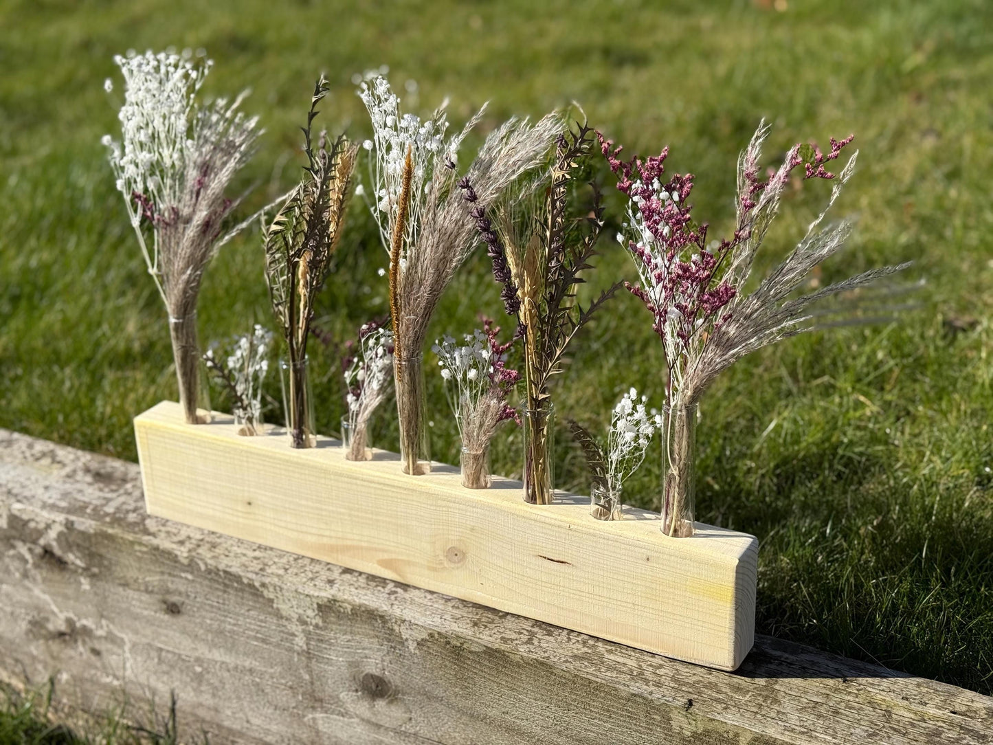 Handmade Wood & Glass Tube Vase with Dried flowers - 9 Tubes - Home Decor, Wedding Centrepiece, Mother's Day Gift