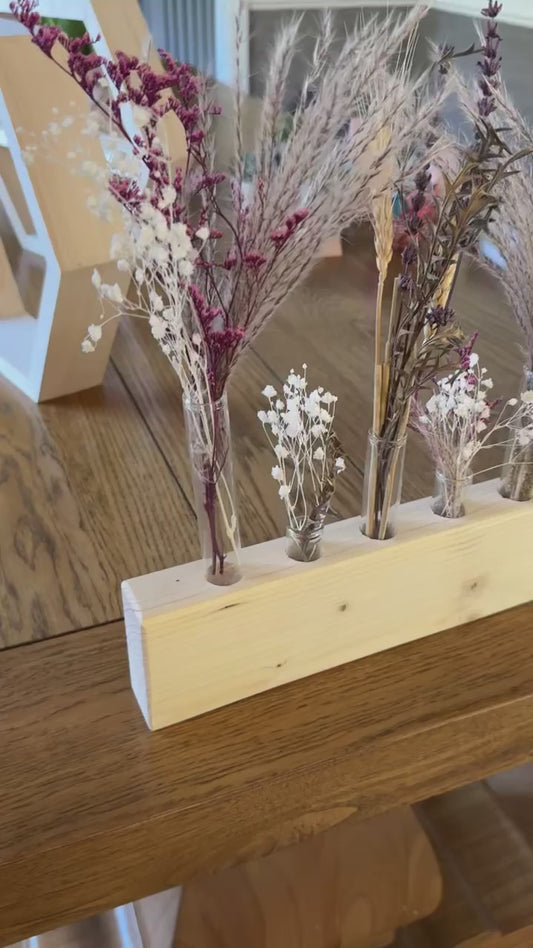 Handmade Wood & Glass Tube Vase with Dried flowers - 9 Tubes - Home Decor, Wedding Centrepiece, Mother's Day Gift