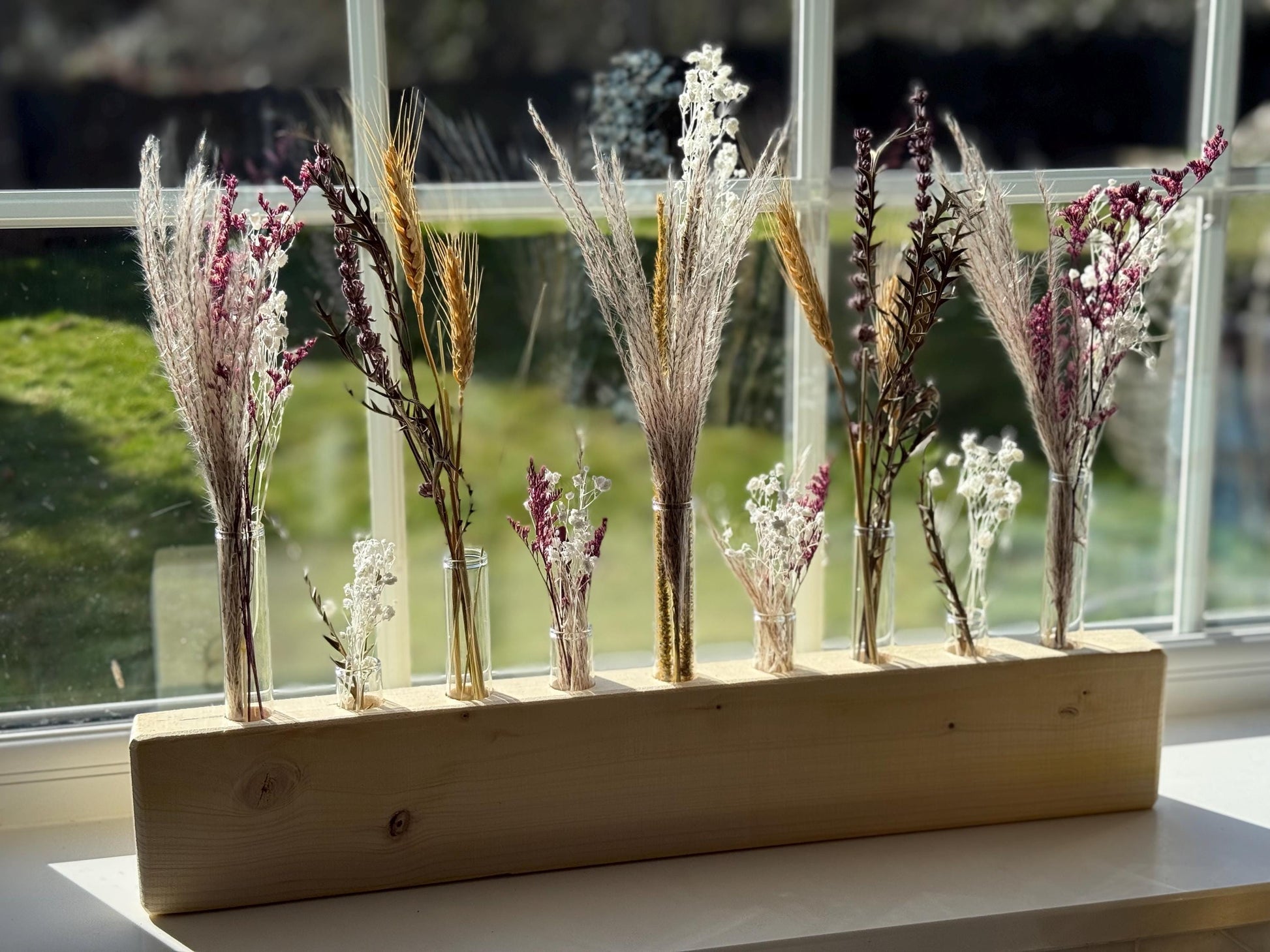Handmade Wood & Glass Tube Vase with Dried flowers - 9 Tubes - Home Decor, Wedding Centrepiece, Mother's Day Gift