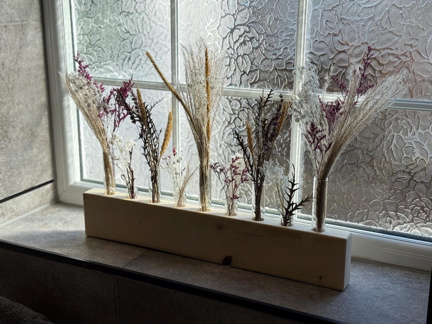 Handmade Wood & Glass Tube Vase with Dried flowers - 9 Tubes - Home Decor, Wedding Centrepiece, Mother's Day Gift