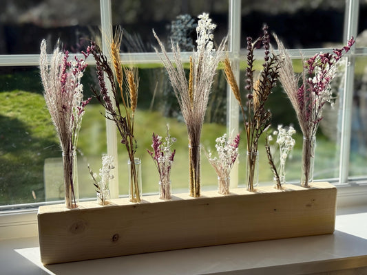 Handmade Wood & Glass Tube Vase with Dried flowers - 9 Tubes - Home Decor, Wedding Centrepiece, Mother&#39;s Day Gift