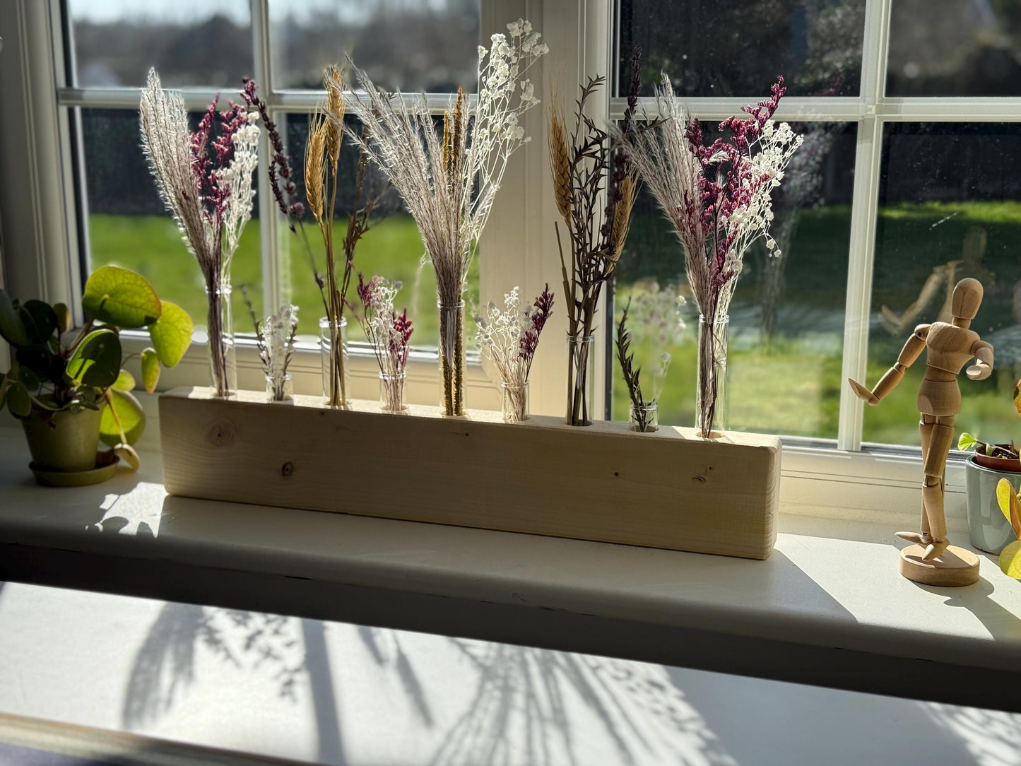 Handmade Wood & Glass Tube Vase with Dried flowers - 9 Tubes - Home Decor, Wedding Centrepiece, Mother's Day Gift