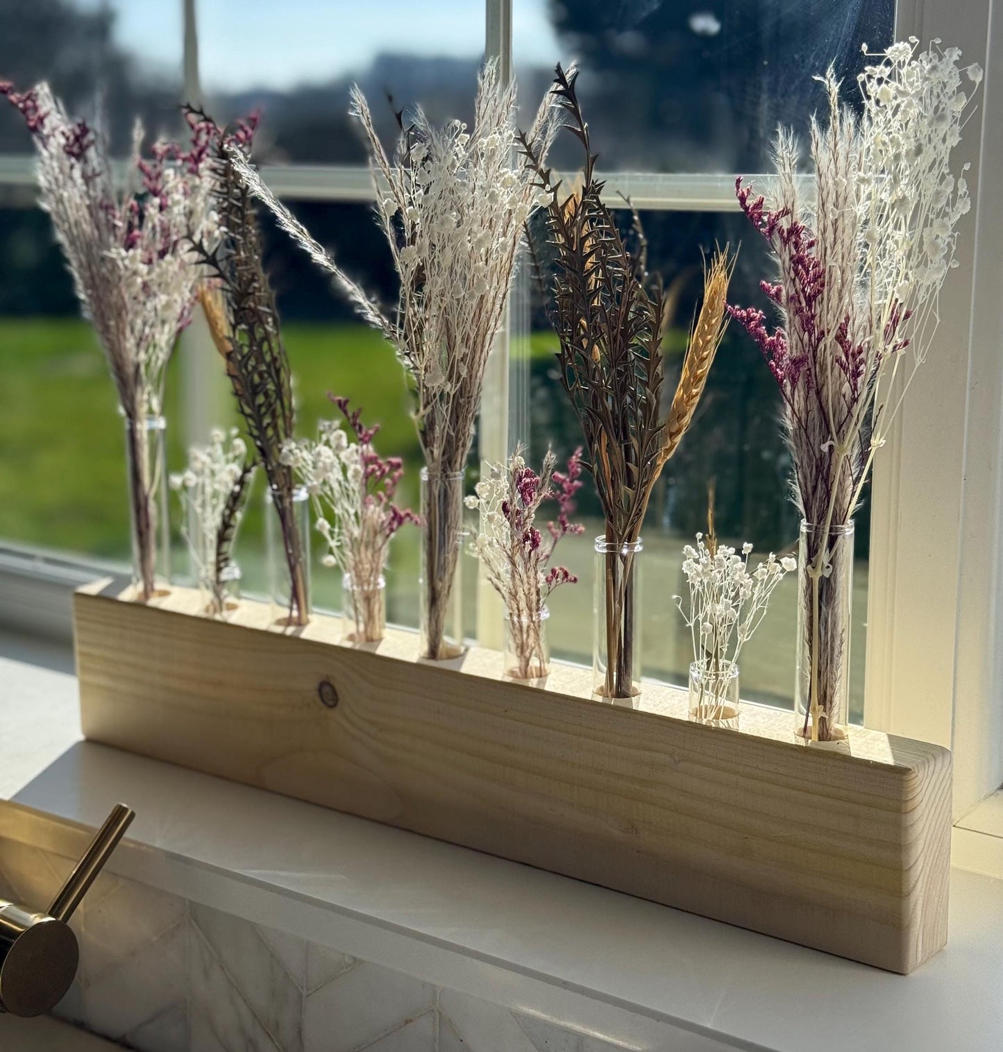 Handmade Wood & Glass Tube Vase with Dried flowers - 9 Tubes - Home Decor, Wedding Centrepiece, Mother's Day Gift