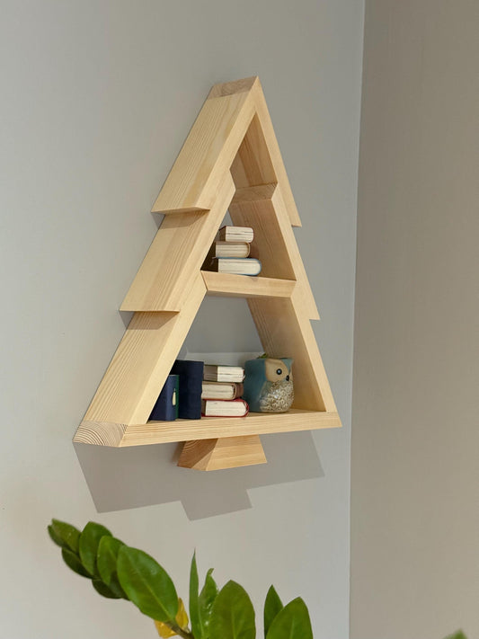 Fir tree display with removable shelf. Minimalist Christmas tree decor.