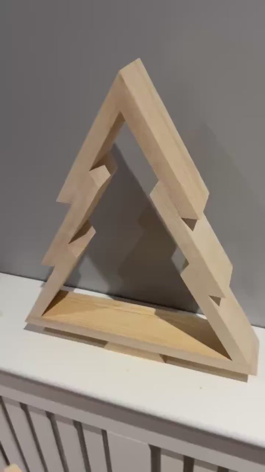 Fir tree display with removable shelf. Minimalist Christmas tree decor.